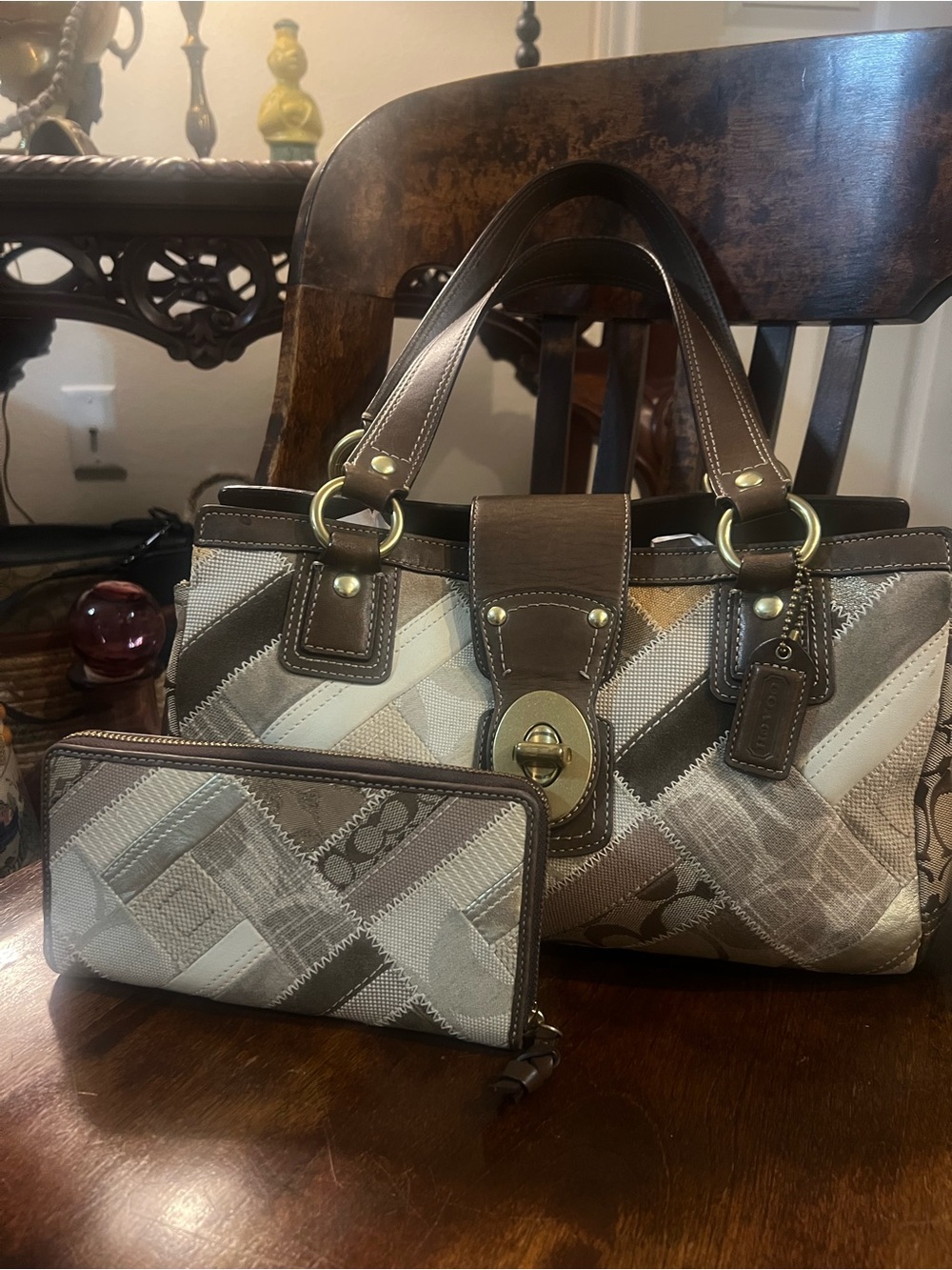 Vintage Coach Holiday Patchwork Satchel Turnlock Bag w/ wallet – Rare Y2K Find!